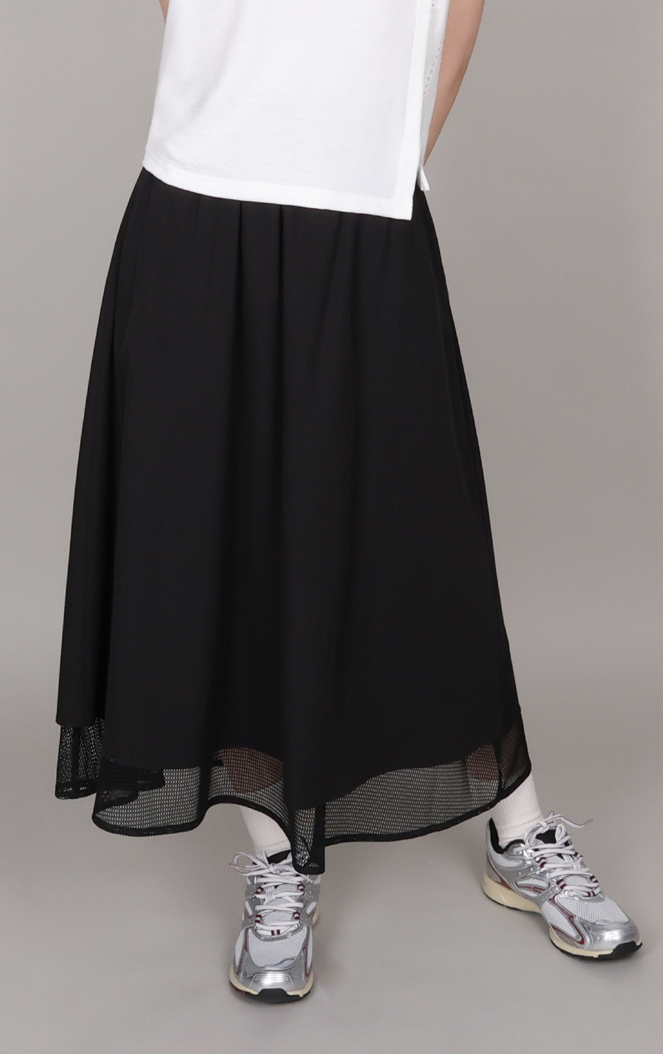 High Waisted Drawstring Draped Mesh Patchwork Long Skirt SK0290