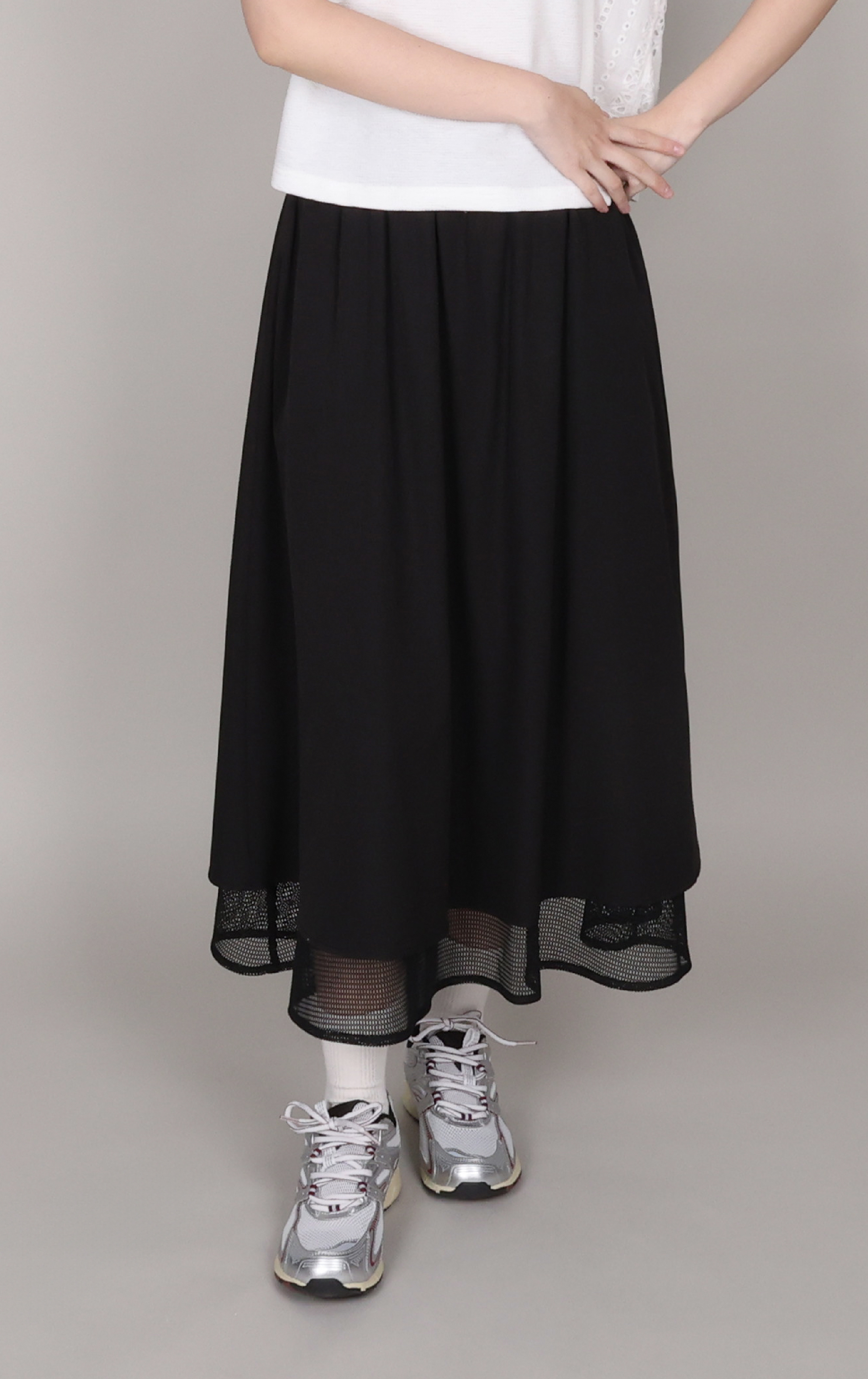 High Waisted Drawstring Draped Mesh Patchwork Long Skirt SK0290