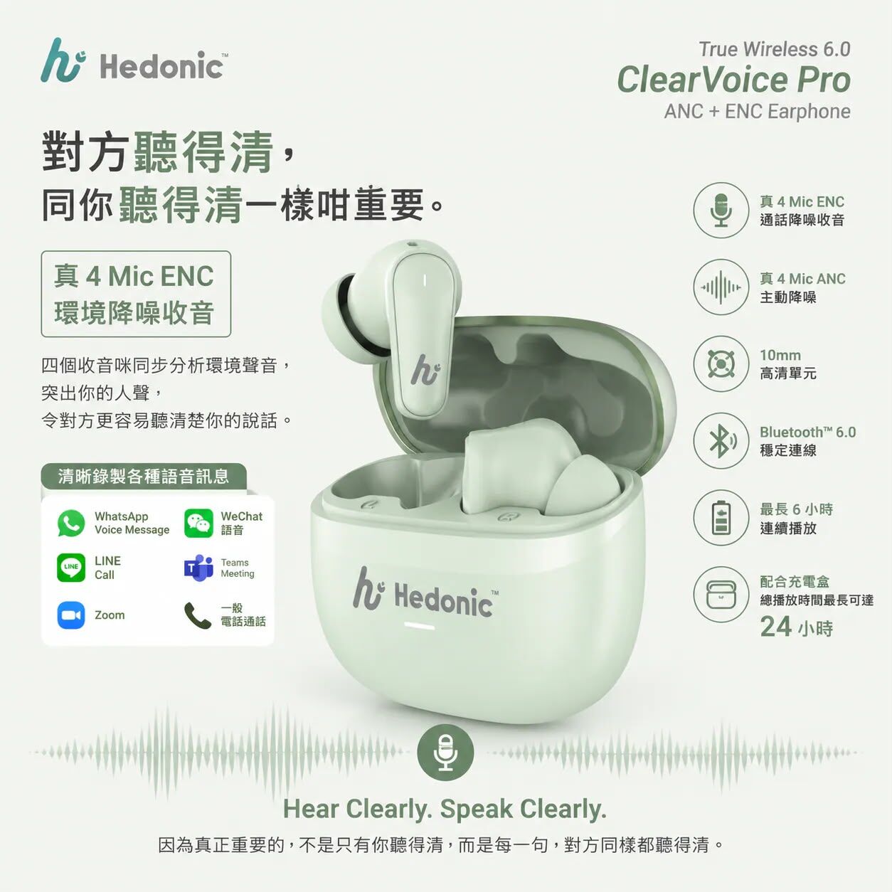 Hedonic ClearVoice Pro True Wireless 6.0 ANC & ENC 入耳式真無線藍牙耳機