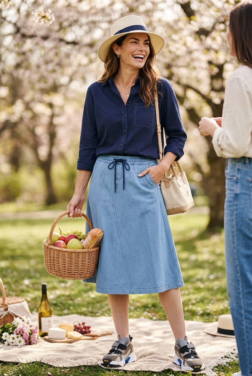Cop.Copine 法國原裝進口水洗藍棉麻簡約百搭半長圓裙