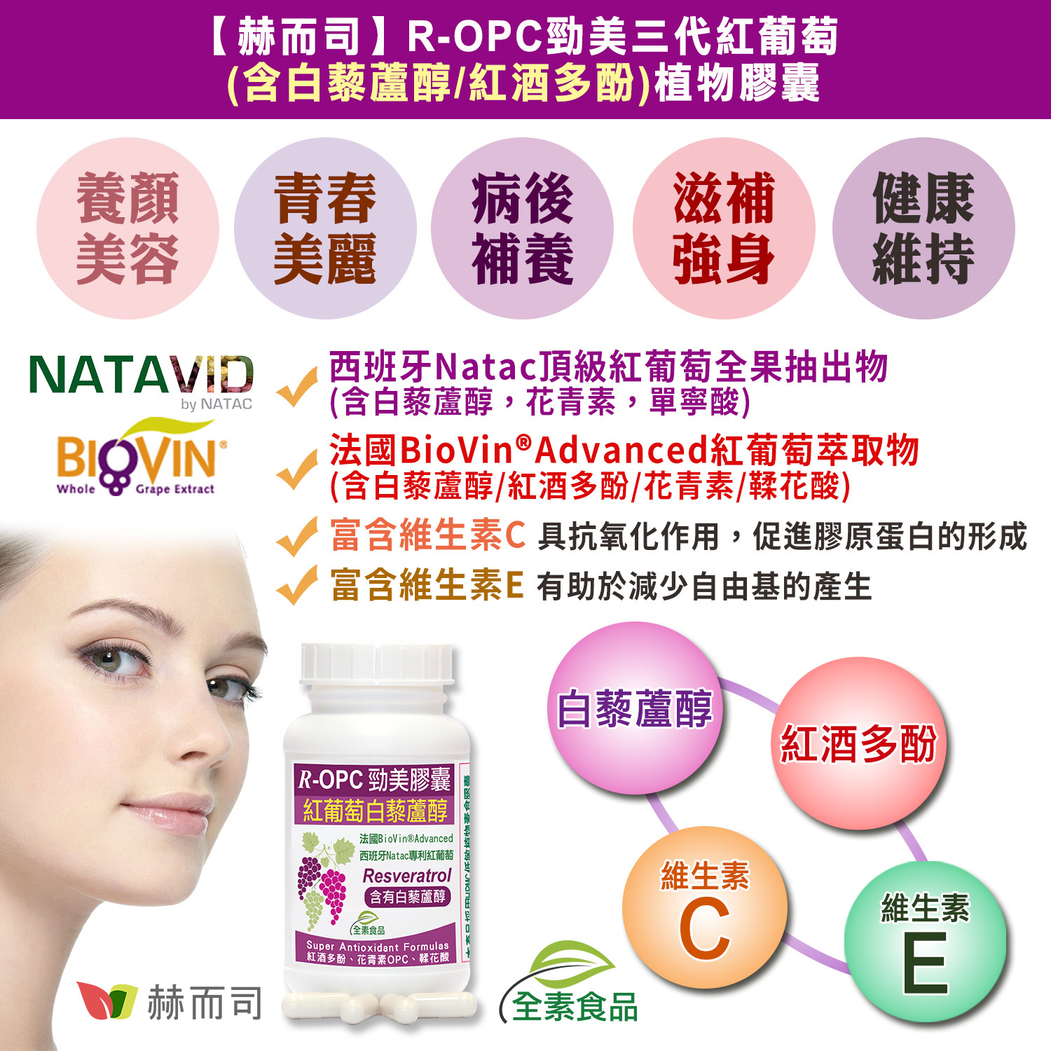 白藜蘆醇推薦 三代勁美紅葡萄(含白藜蘆醇Resveratrol紅酒多酚,單寧酸)植物膠囊(全素食)-抗老醫美專家推薦法國紅酒酒粕萃取物(BioVin® Advanced含白藜蘆醇)愛尚它+西班牙Natac頂級專利紅葡萄抗老化聖杯 美白淡斑抗氧化抗癌子宮內膜異位症巧克力囊腫助孕黑色素沈澱乾燥症清除自由基動脈粥樣硬化症大腸癌直腸癌乳癌酒精性脂肪肝白髮變黑降血脂膽固醇預防心肌梗塞中風減肥消水腫減少卡路里延長壽命長壽基因SIRT1攝護腺