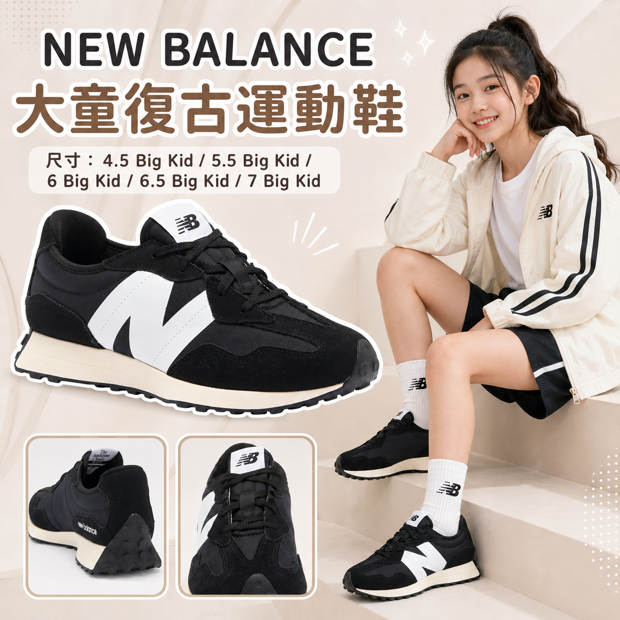 【預購】NEW BALANCE H080555 327v1 童裝麂皮休閒運動鞋 (黑色)