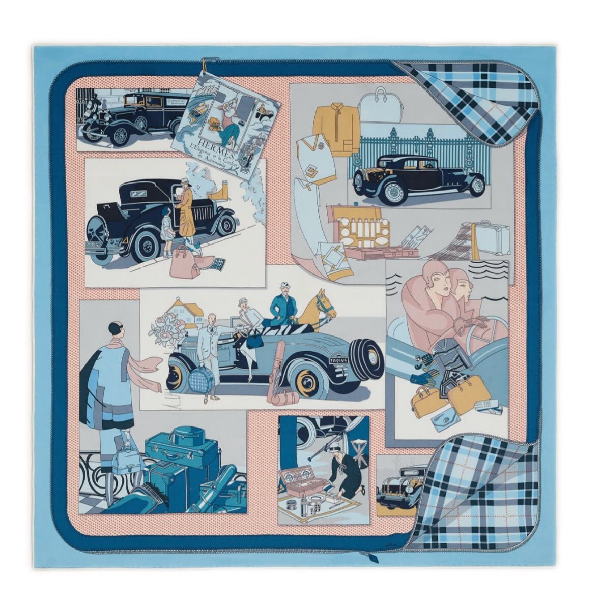 全新HERMES Scarf, Confort en Automobile, (70x70CM), 藍色真絲汽車插畫, #BRAND NEW #香榭站正品