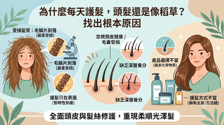 為什麼每天護髮,頭髮還是很毛躁像稻草?為什麼認真護髮依然毛躁? 問題出在最外層屏障受損、毛鱗片無法閉合。 光線漫反射會讓髮絲黯淡無光,而高孔隙的髮質一碰到潮濕空氣,更會大量吸水導致瞬間炸毛與打結。 「補水、鎖水、防護」重建油水平衡,才能讓頭髮真正恢復彈性與柔順光澤。