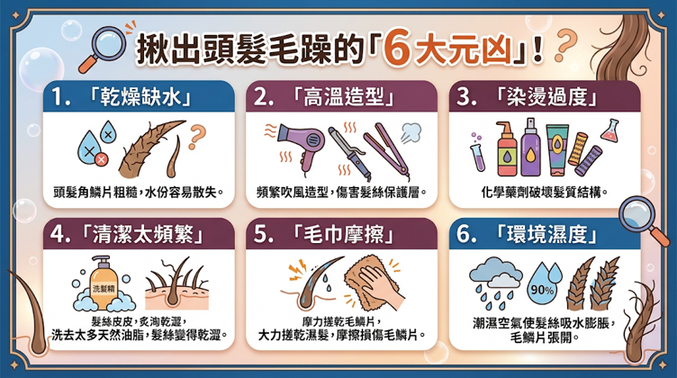 揪出頭髮毛躁的「6 大元凶」!頭髮毛躁很少只是單一原因引起的,而是環境濕氣、熱造型工具的高溫、染燙化學傷害、物理摩擦與錯誤清潔方式長期累積,最終造成毛鱗片受損並破壞內部結構的結果。 當髮絲最外層的防護屏障破損、內部油水失去平衡,就容易形成多孔隙狀態;特別是在潮濕氣候下,受損髮會不均勻地吸收空氣中的水氣,導致髮絲膨脹變形。 釐清這六項毛躁發生的原因,才是做好日常養護的關鍵。