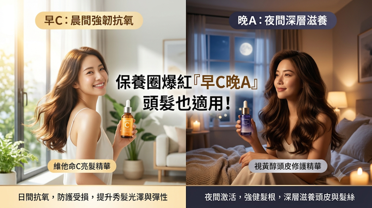 保養圈爆紅的「早C晚A」,原來頭髮也適用!把保養常見的「早 C 晚 A」概念延伸到秀髮照顧,重點在於針對髮絲白天與夜晚不同的需求調整搭配。 這個方式並不是照單全收臉部的塗抹成分,而是補足單一護髮品很難同時兼顧「輕盈質地」與「滋養力」的不足,建立順暢的接力保養流程。 在造型或出門前,塗抹質地清爽透氣的防護型產品,於髮絲表面形成抗熱、抗濕氣與抵抗紫外線氧化的疏水層,減少外界環境造成的再次耗損與毛躁。 洗頭後或睡前,使用高滲透力的小分子修護配方。 趁著夜晚沒有外界影響的時段讓養分充分停留,深入皮質層填補結構空洞,做好深層的修復與滋養。