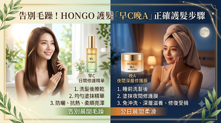 告別毛躁!HONGO 護髮「早C晚A」正確護髮步驟,免沖洗護髮能否發揮好效益,重點主要在於選擇對的時間點、塗抹位置與用量。 在出門前或使用加熱造型工具前適量噴在乾髮上,可以快速減少梳頭產生的靜電、撫平剛起床的毛躁亂髮,同時在髮絲表面形成抗熱與抗光氧化的保護屏障。 洗完頭後先用毛巾擦至半乾,取適量均勻塗抹在髮中到髮尾,接著用吹風機吹乾吹順。藉由熱導機制把小分子蛋白質與保濕因子帶入髮芯缺口,把握夜間黃金期做好深度滋潤修護。