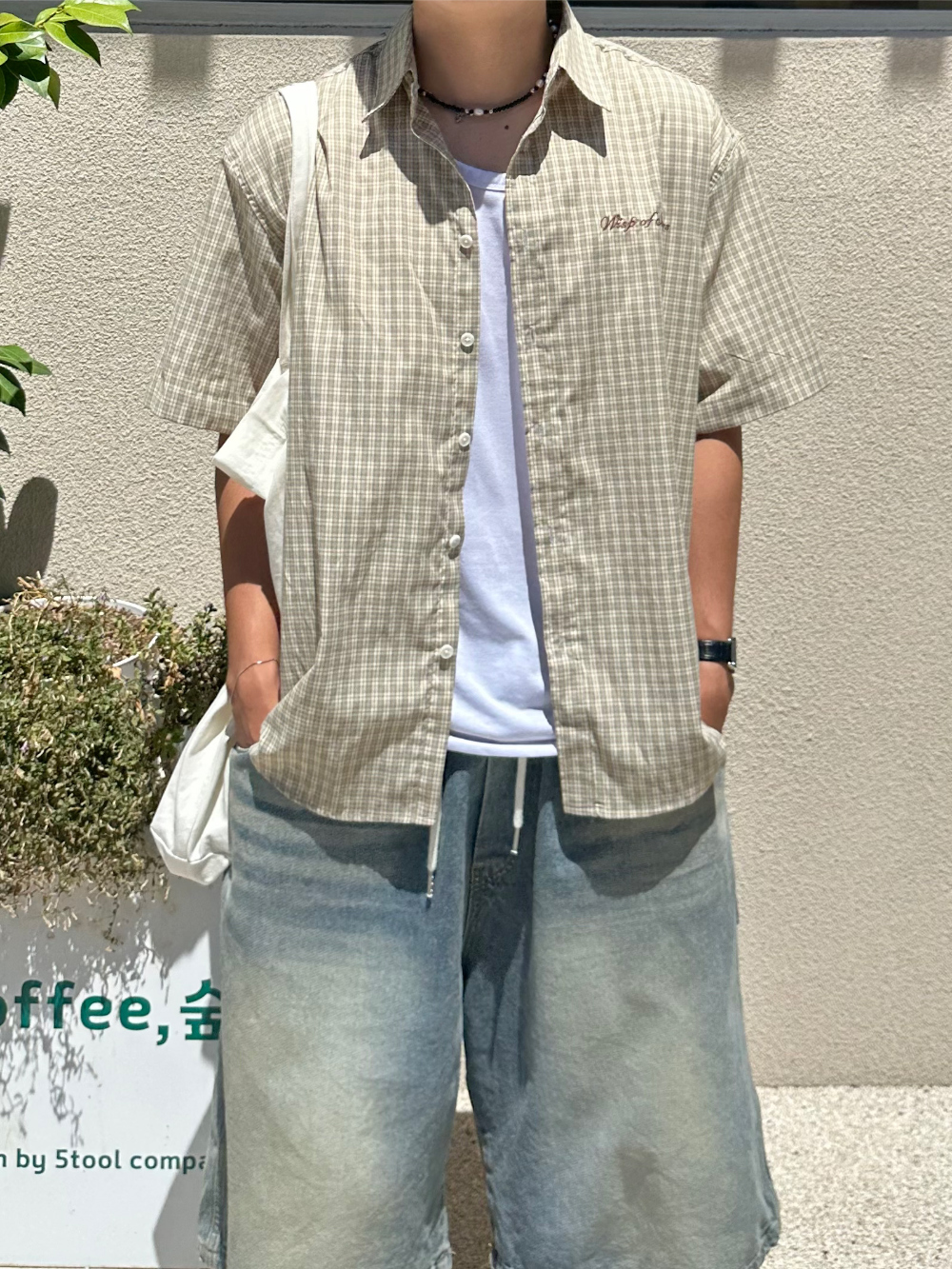 <尾貨出清>XIN OUTLET 韓國 復古 格紋 刺繡 短袖 襯衫 兩色