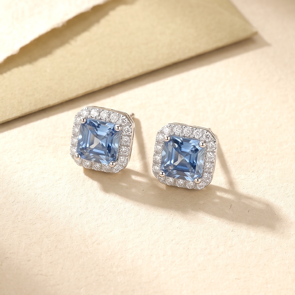 18K金Asscher Cut 海藍寶石鑽石耳環 - 超級聖瑪利亞藍