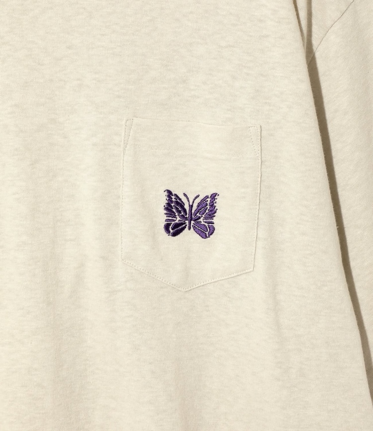 Needles - QV357 S/S Papillon Emb. Pocket Tee - Cotton Jersey - A-Oatmeal
