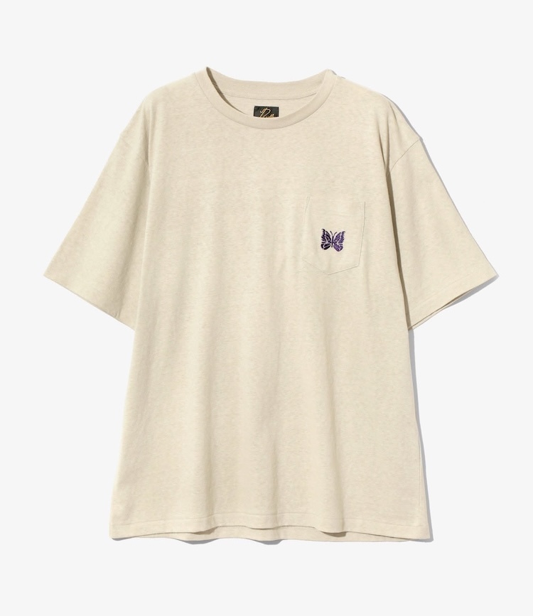 Needles - QV357 S/S Papillon Emb. Pocket Tee - Cotton Jersey - A-Oatmeal