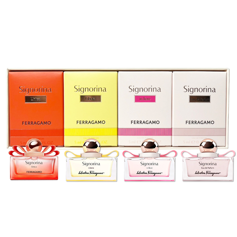 Salvatore Ferragamo菲拉格慕 Signorina 時尚女伶迷你香水禮盒 5ml*4入 (芭蕾女伶+花漾伊人+晨光綻放+橙光伊人)