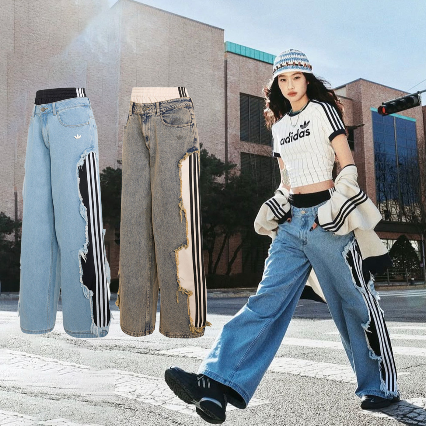 女款 ADIDAS ORIGINALS ADILENIUM 牛仔藍 水洗灰 鄭好娟同款 假兩件 三葉草 破壞 刷破 寬鬆 寬褲 長褲【KY5192/KY5193】ADLP