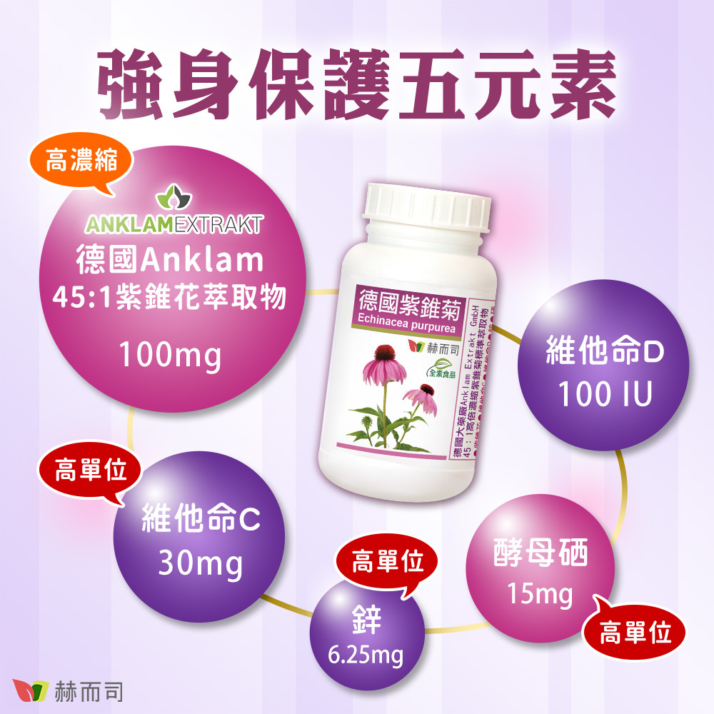 紫錐花推薦 赫而司德國紫錐菊強身保護五元素:德國Anklam紫錐花萃取物(高濃縮比45:1)、維他命C、維他命D、酵母硒、氧化鋅