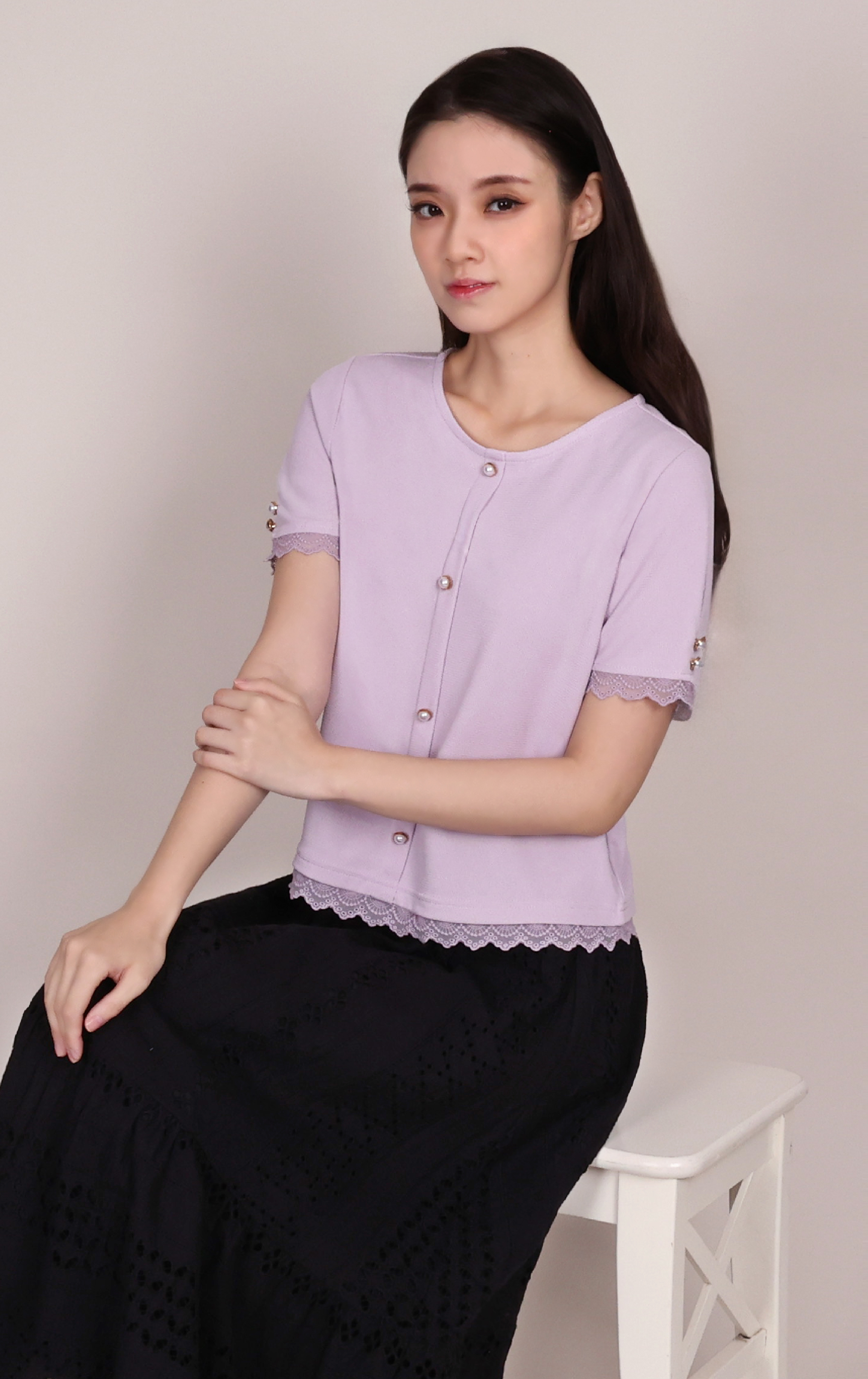 Lace Panel Round Neck Top with Pearl Buttons ST0899