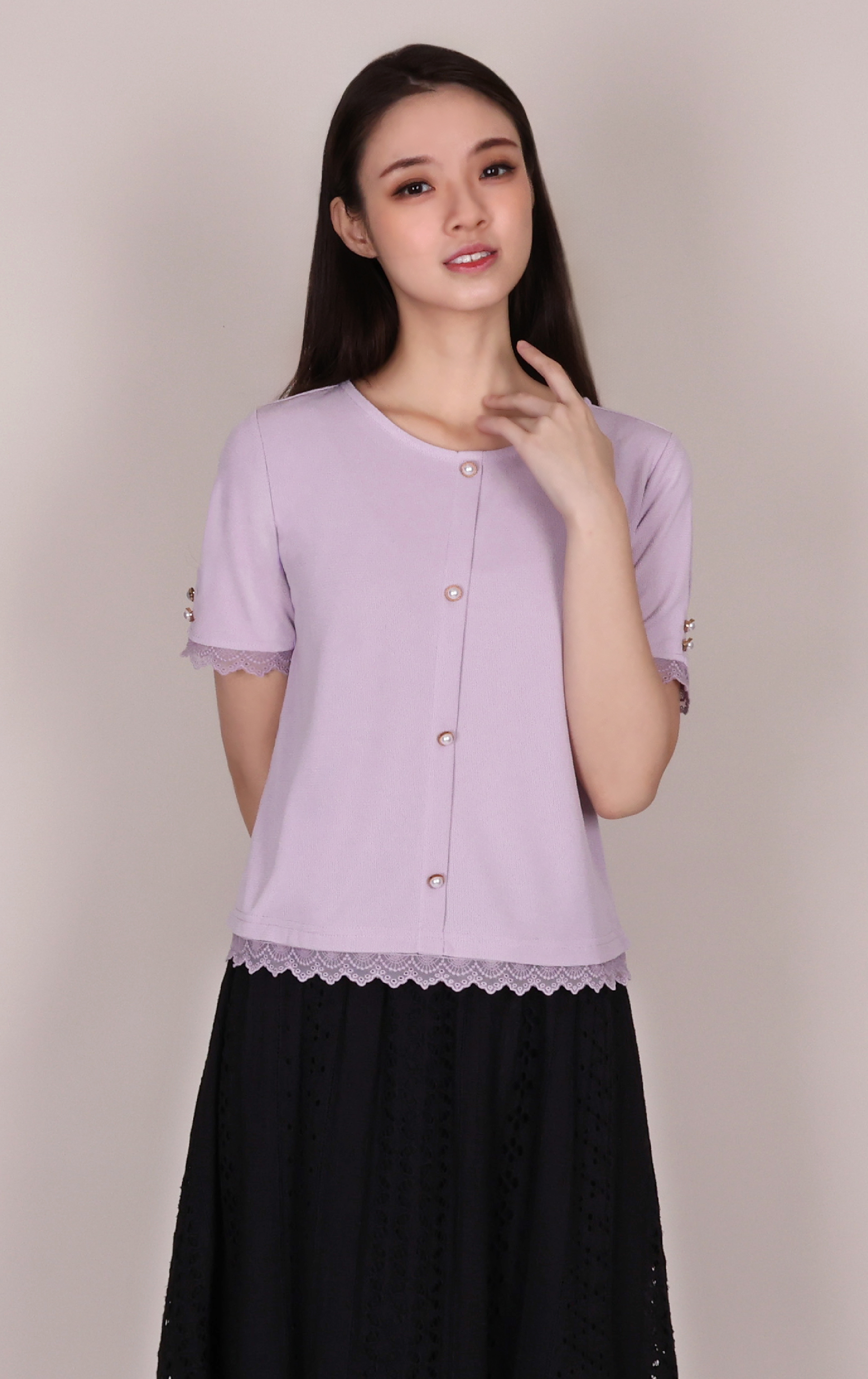 Lace Panel Round Neck Top with Pearl Buttons ST0899
