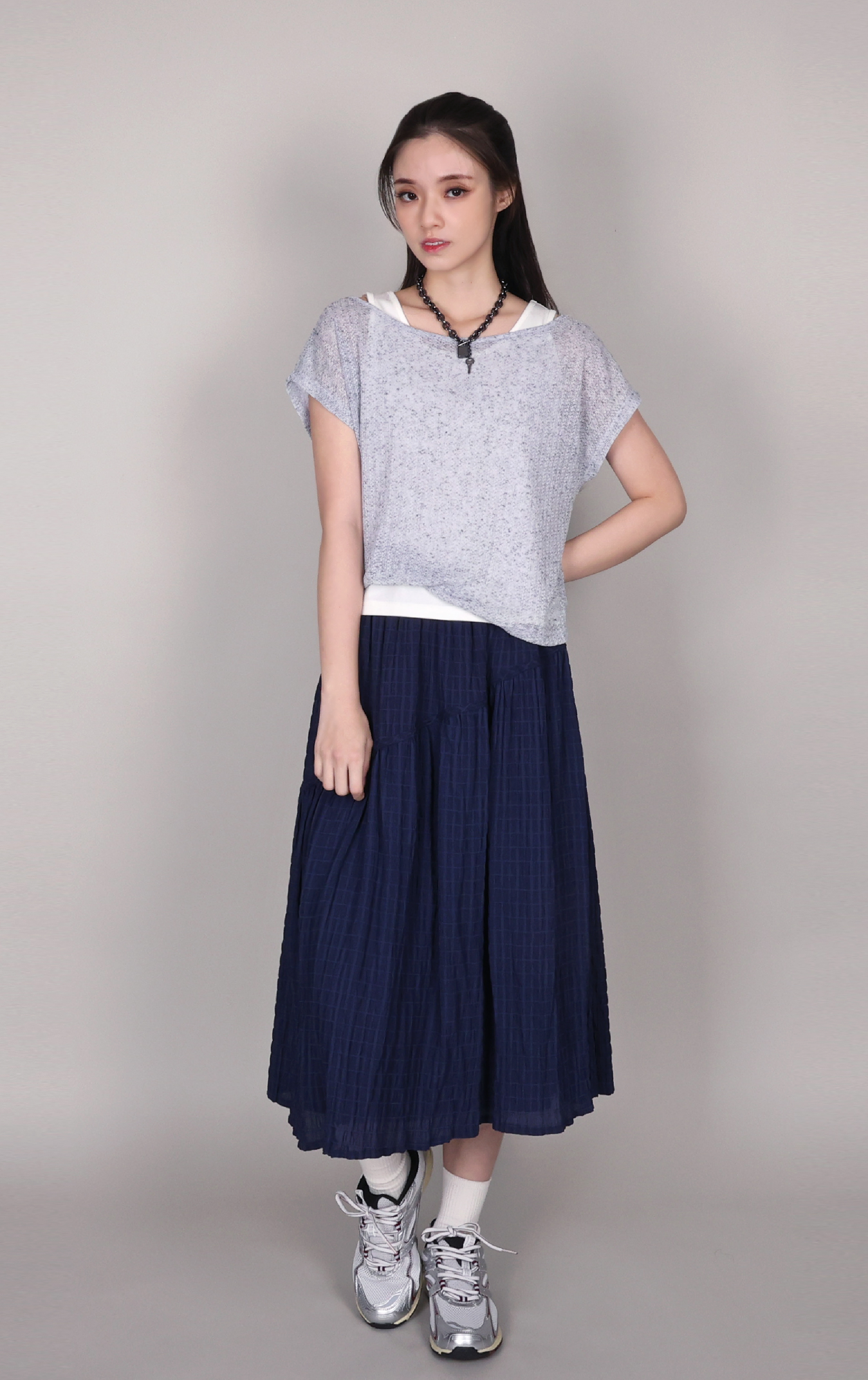 Melange Scoop Neck Faux Twinset Ribbed Top ST0483