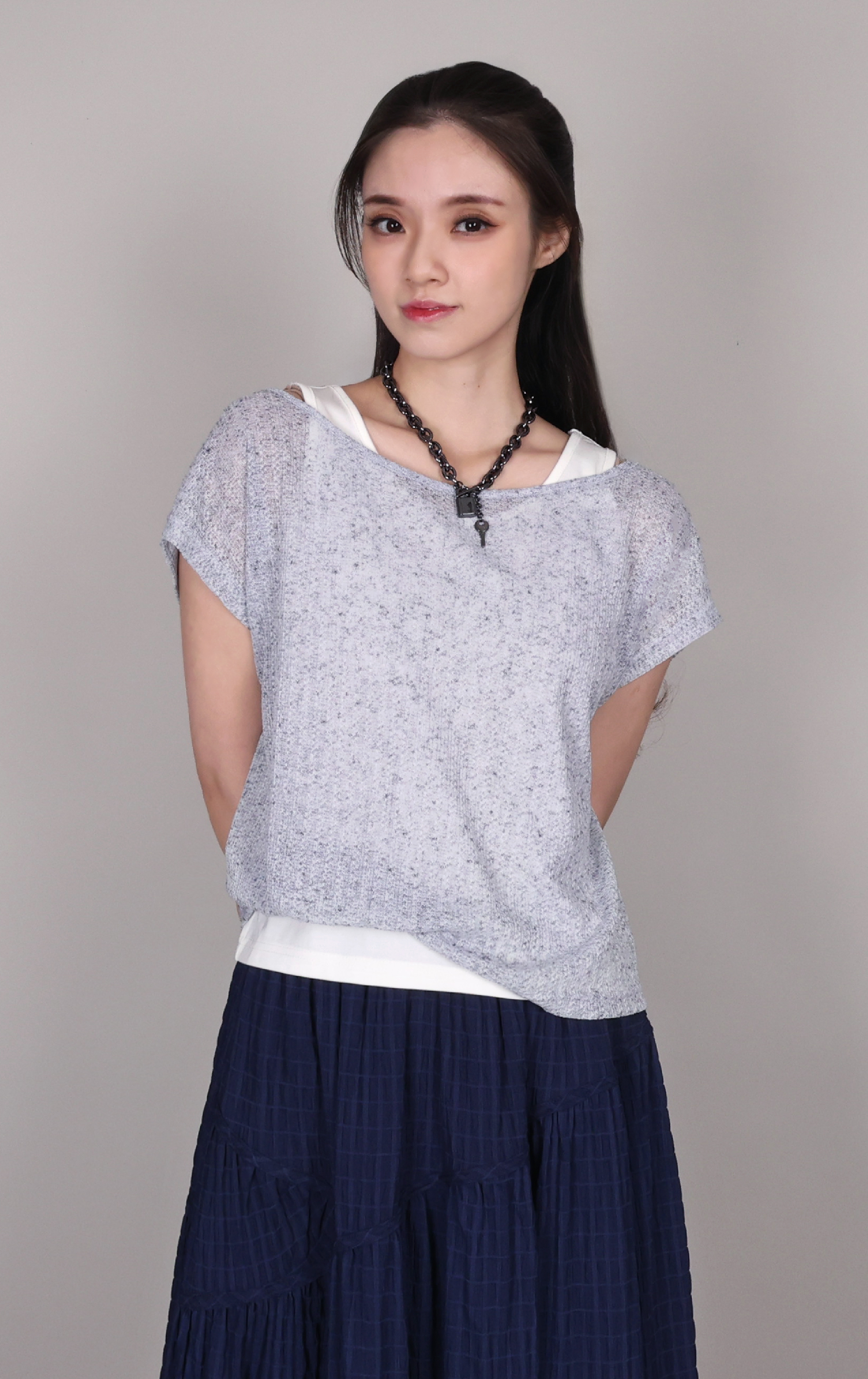 Melange Scoop Neck Faux Twinset Ribbed Top ST0483