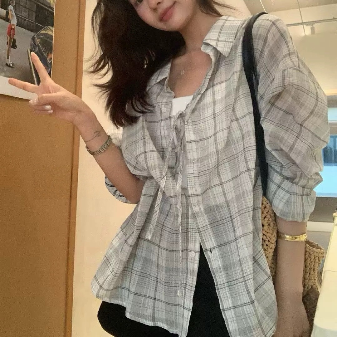 慵懶感綁結格紋襯衫