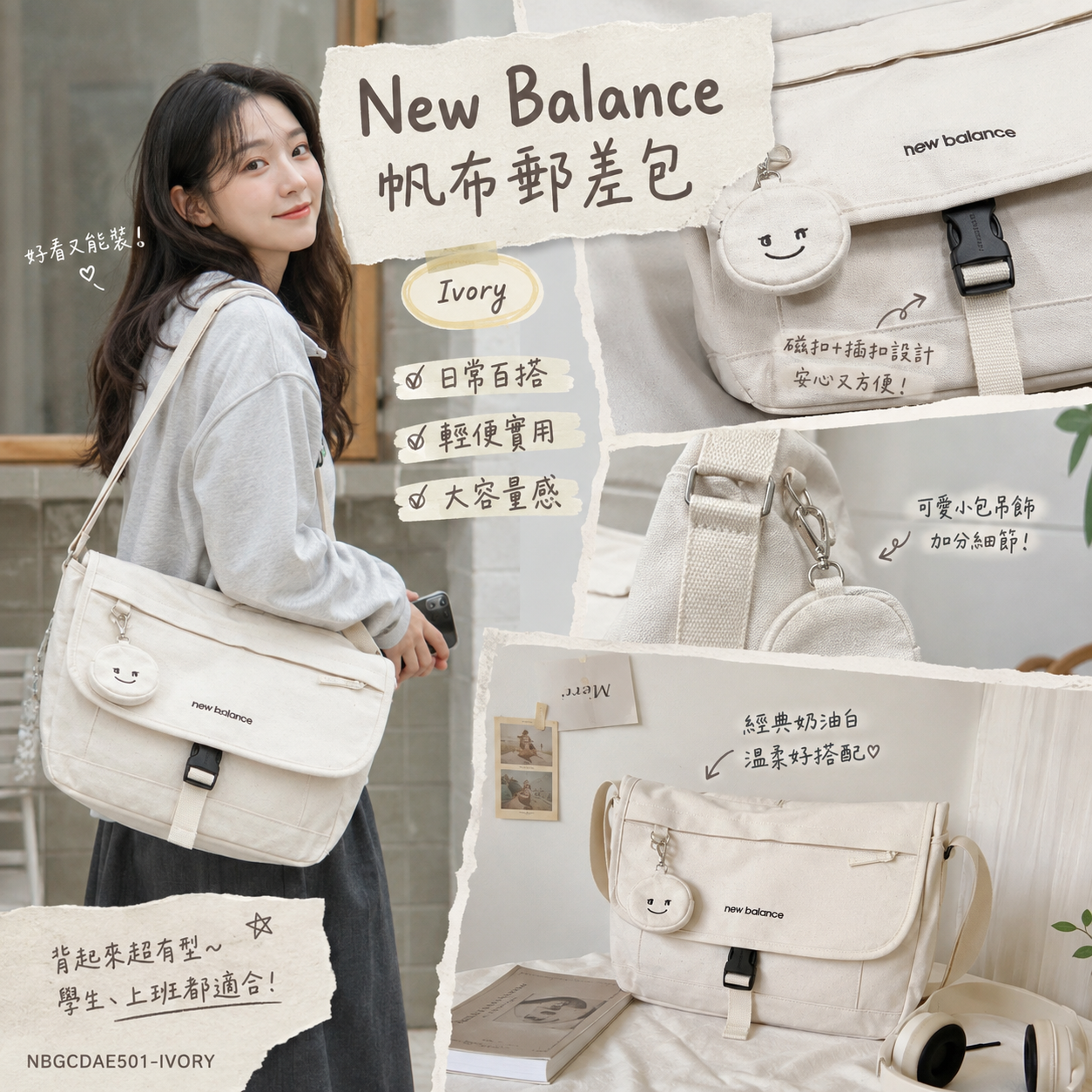 【現貨】New Balance LX040708 帆布郵差包 (NBGCDAE501-IVORY)