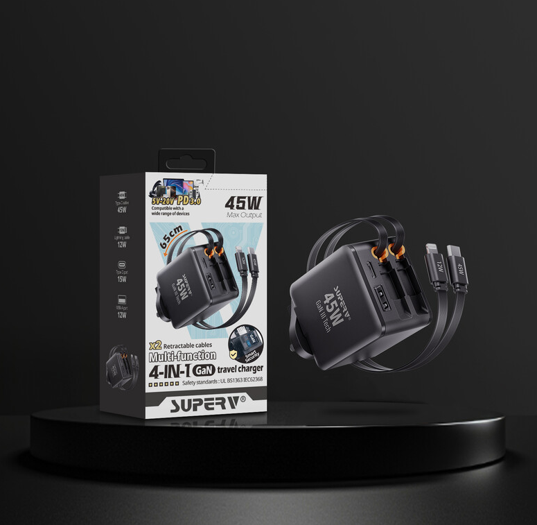 DG010 SuperV 45W 4合1 GaN 伸縮線充電器 黑色 Type-C + Lightning (G46-UK11-TL)