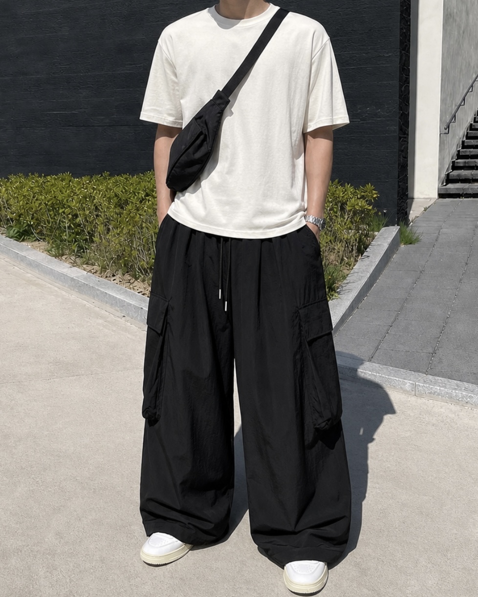 <尾貨出清>XIN OUTLET 韓國 寬鬆 尼龍 工裝 長褲 四色