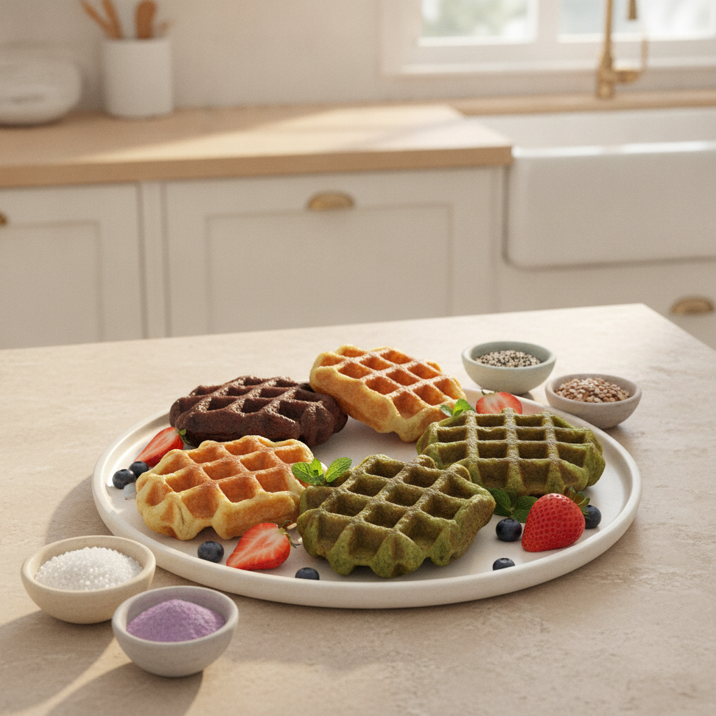 A child’s waffle breakfast served with egg, fruit and water.