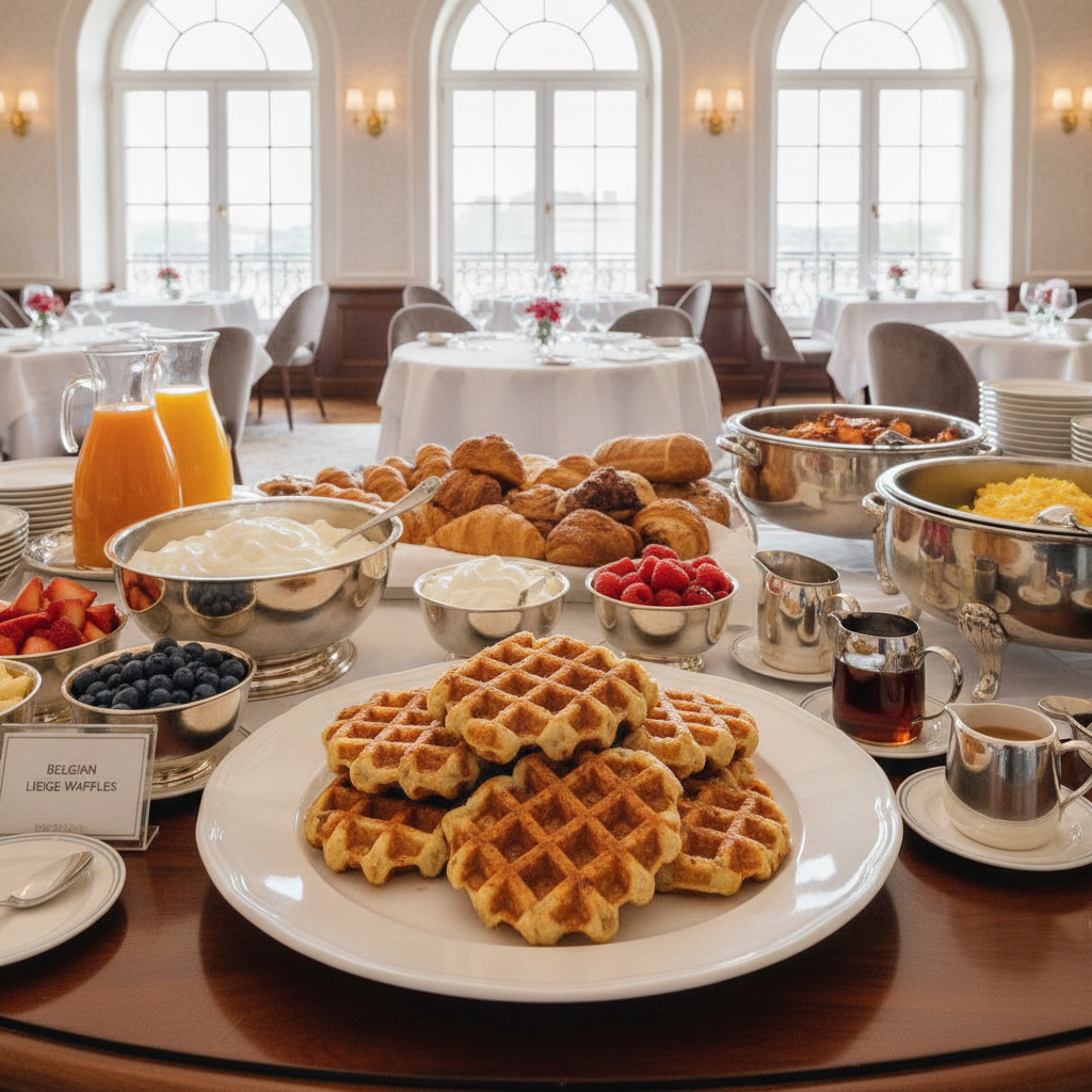 A waffle breakfast with whole fruit and water instead of extra syrup and a sweet drink.