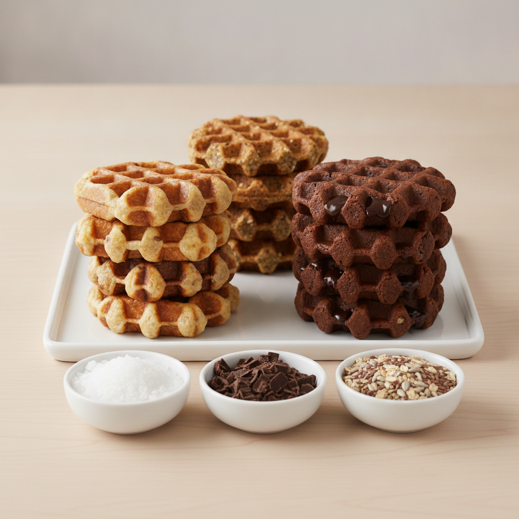 Cafe staff preparing several Belgian waffles at an organised service station.