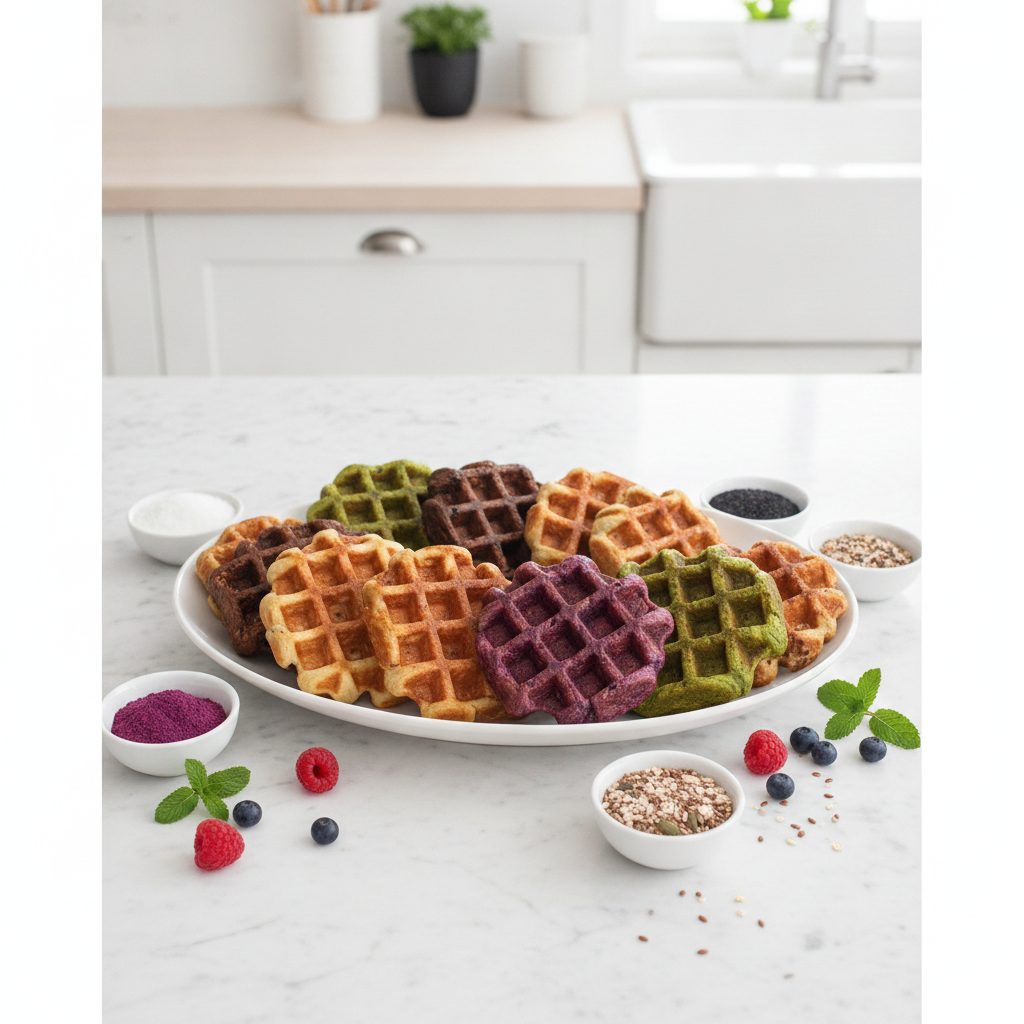 Catering staff organising trays of Belgian waffles for a large function.