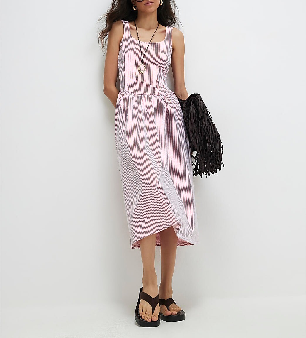 Cotton Love紅白色直紋紋路馬甲Midi Dress