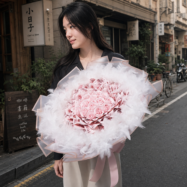 我愛你16朵香皂花36張鈔票羽毛花束