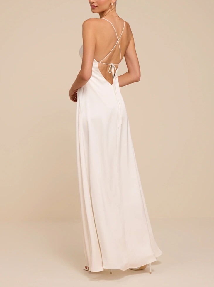 Elegant White白色絲緞面露背綁帶Maxi Dress