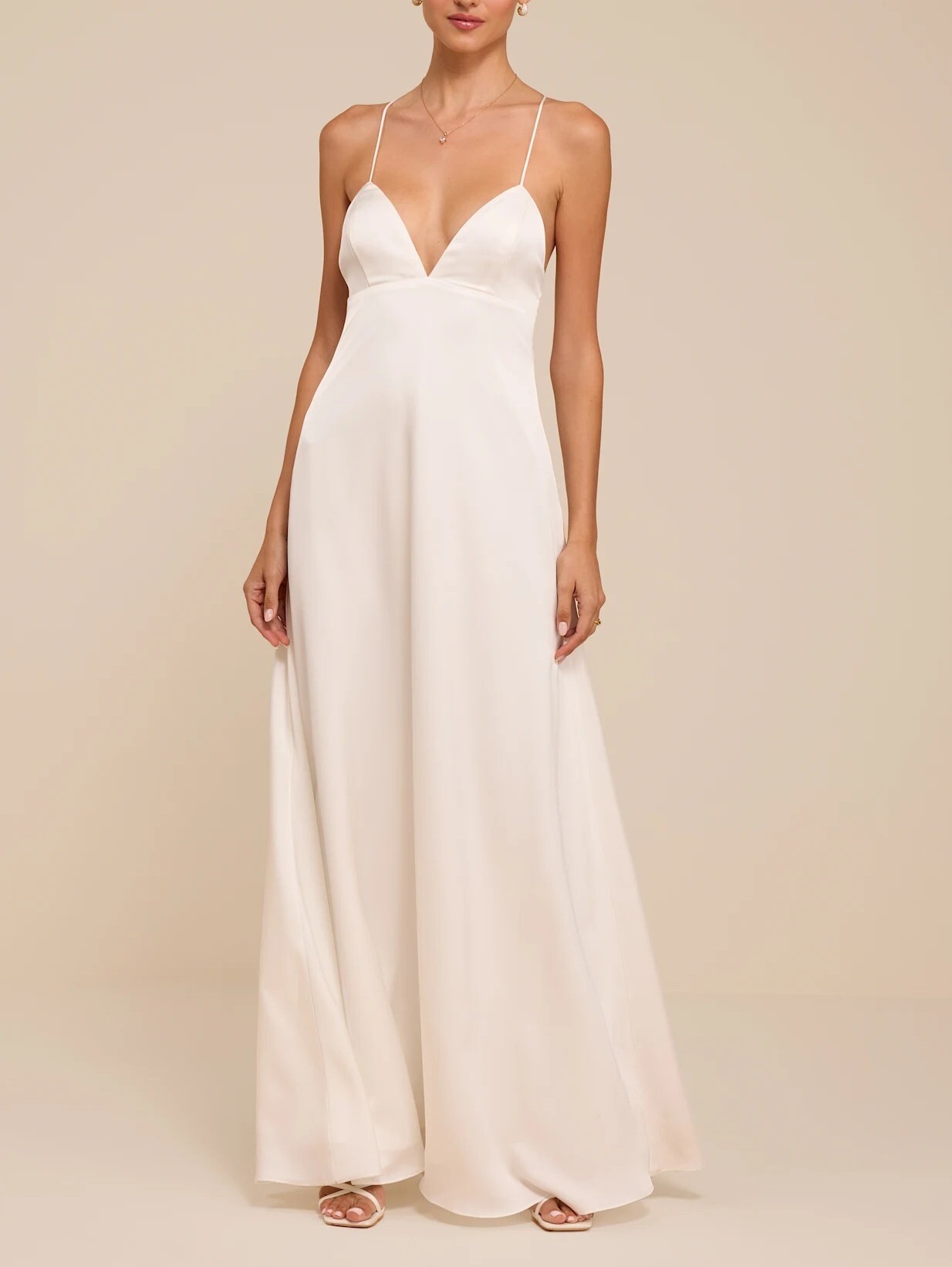 Elegant White白色絲緞面露背綁帶Maxi Dress