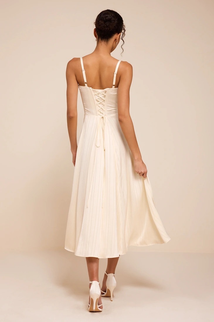 Ivory白色緞面直紋抽皺馬甲綁帶Dress