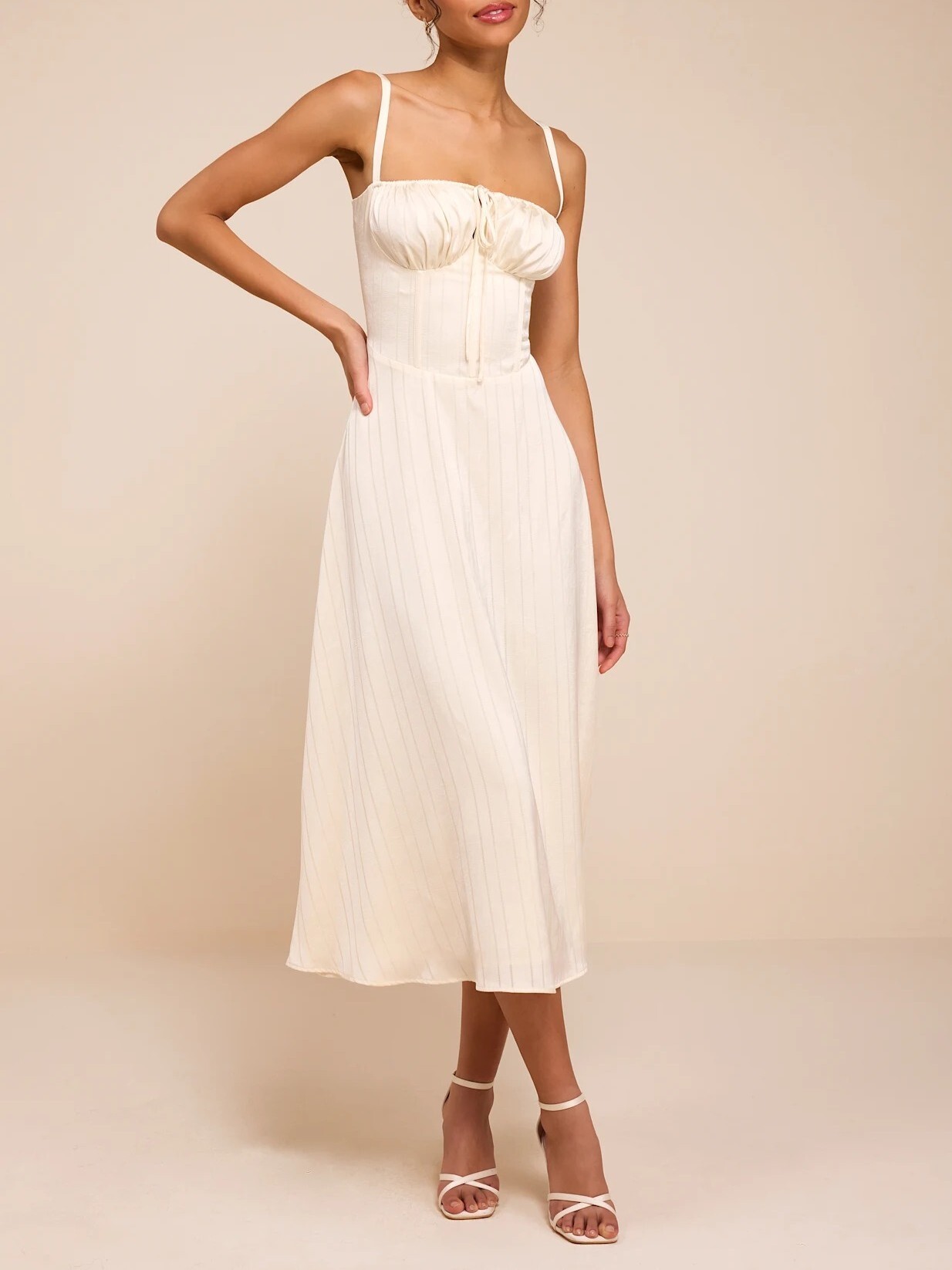 Ivory白色緞面直紋抽皺馬甲綁帶Dress