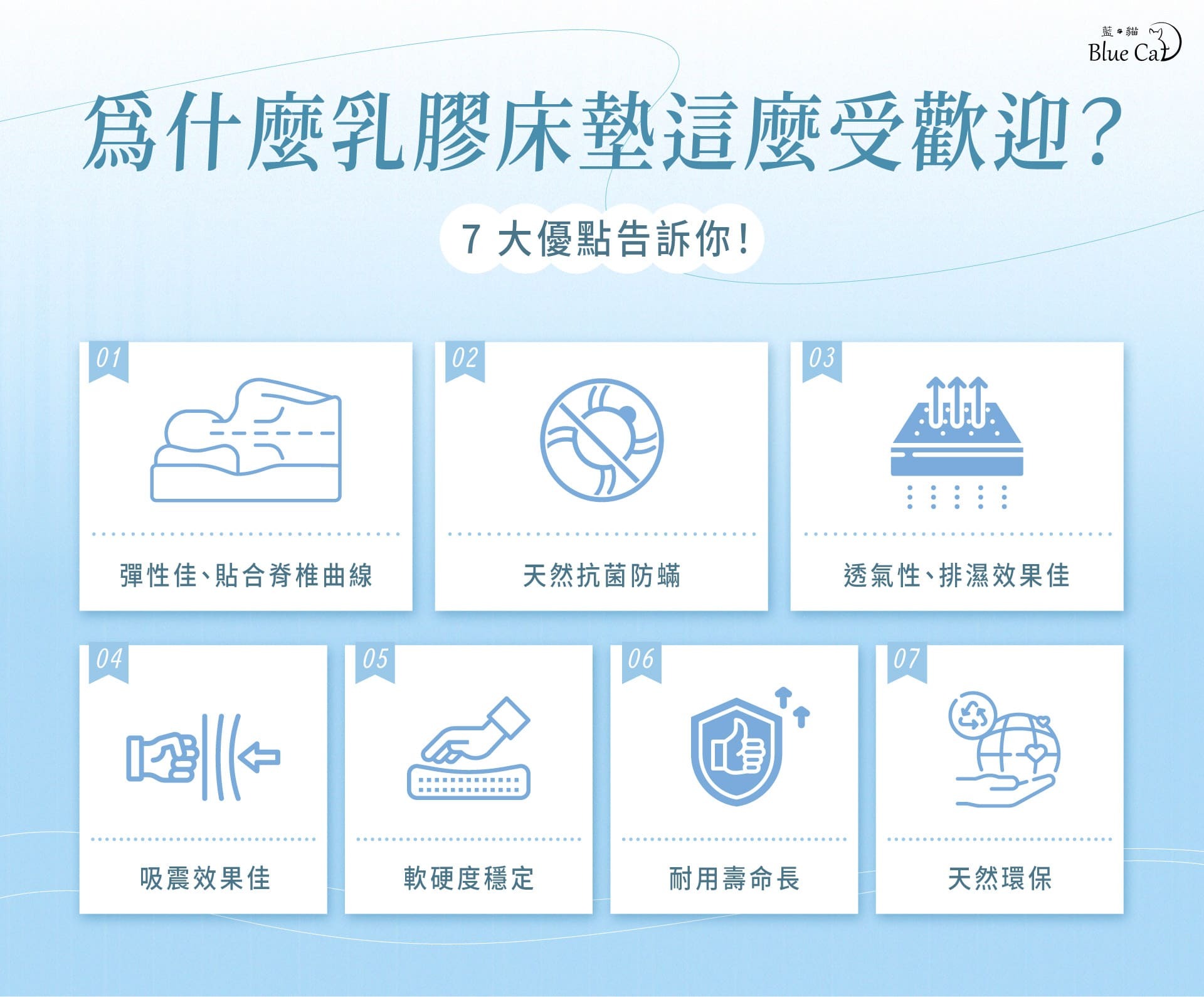 乳膠床墊 7 個優點:彈性佳、天然抗菌防蟎、透氣排濕效果佳、吸震效果佳、軟硬度穩定、耐用壽命長、天然環保
