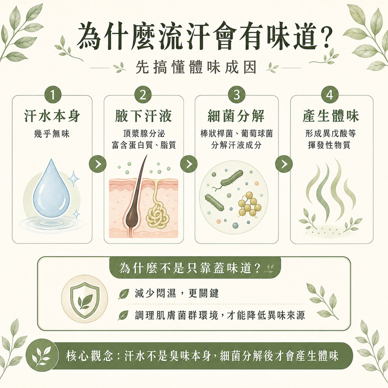 為什麼流汗會有味道?先搞懂體味成因 汗水本身幾乎無味,體味來自皮膚表面細菌分解汗液後產生的揮發性物質。 腋下的頂漿腺(大汗腺)分泌的汗液富含蛋白質與脂質,棒狀桿菌(Corynebacterium)與葡萄球菌(Staphylococcus)等常在菌會將其分解為異戊酸等帶有酸臭味的小分子。 研究指出,棒狀桿菌是造成腋下氣味最主要的來源之一。 這也解釋了為什麼「減少悶濕、調理皮膚菌群環境」會比一味蓋味道更關鍵。 值得一提的是,夏天皮脂與汗水分泌都會旺盛,身體出汗和頭皮出油其實同源。