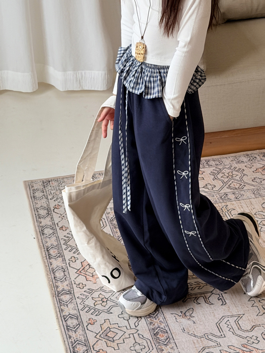 刺繡蝴蝶結格子花邊長褲