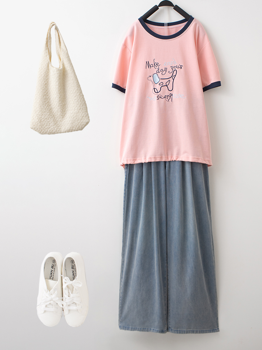 小狗刺繡撞色抽繩上衣天絲棉打褶寬褲組合