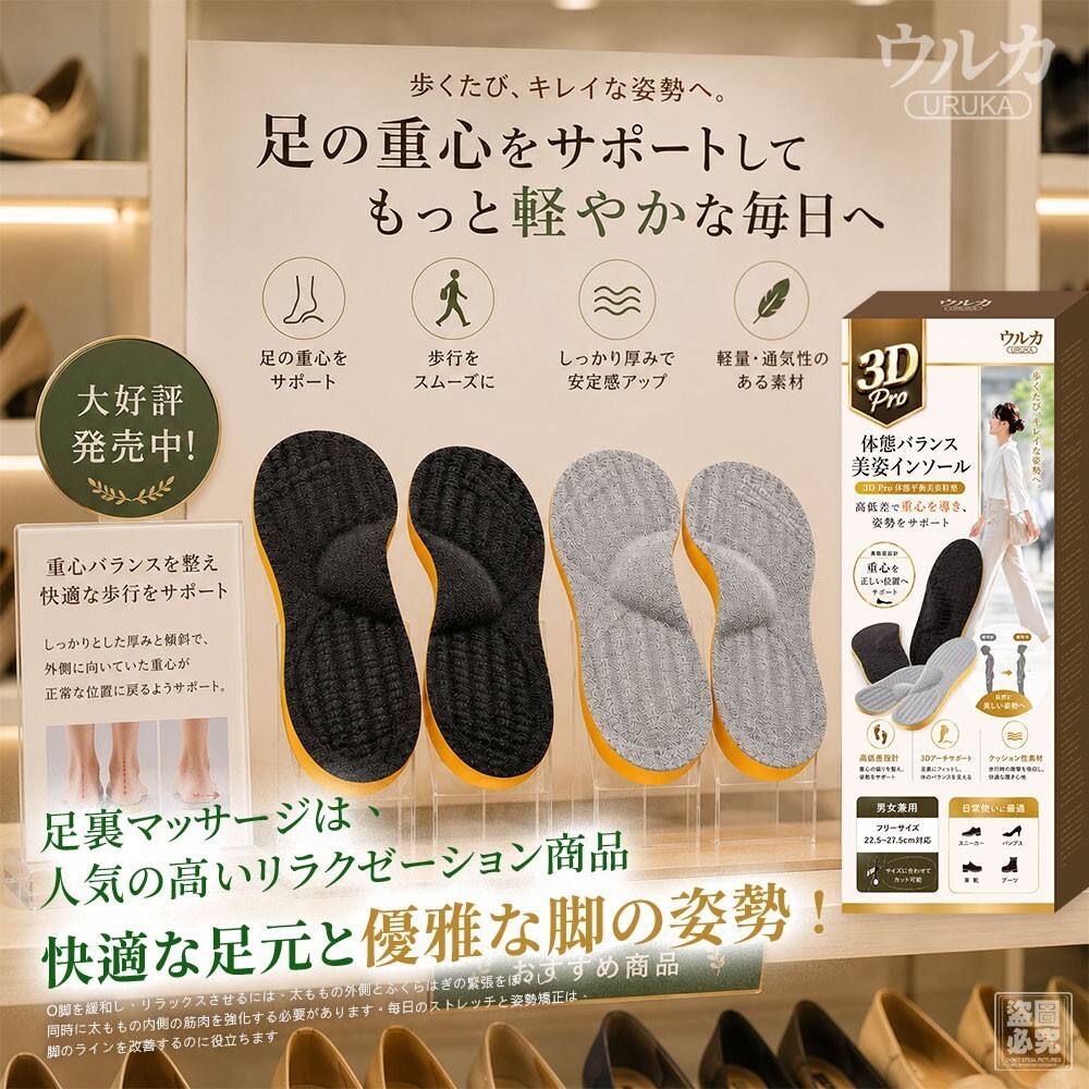 WSBB12467  日本 URUKA  3D Pro 體態平衡美姿鞋墊（9月底）