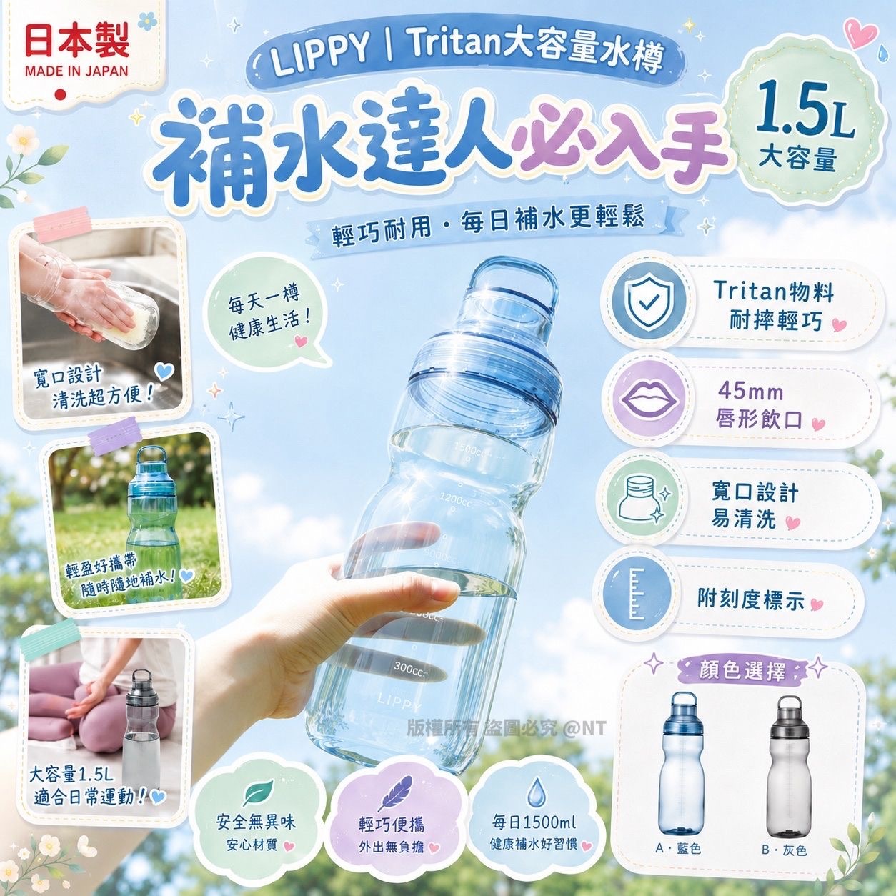 日本製LIPPY Tritan大容量水樽1500ml