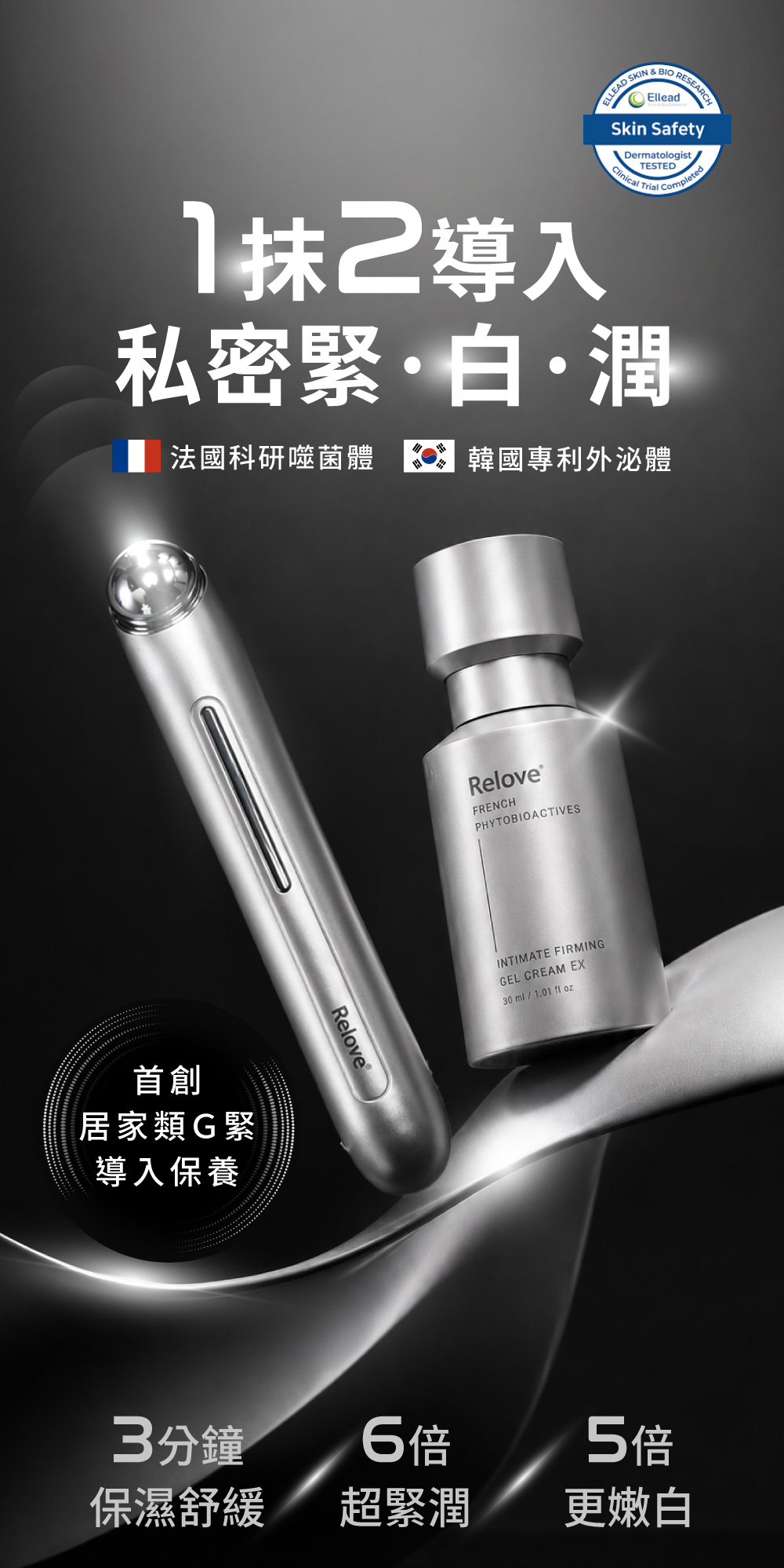 緊依偎私密緊緻水凝乳EX搭配高滲透私密導入儀，居家私密緊緻嫩白保養
