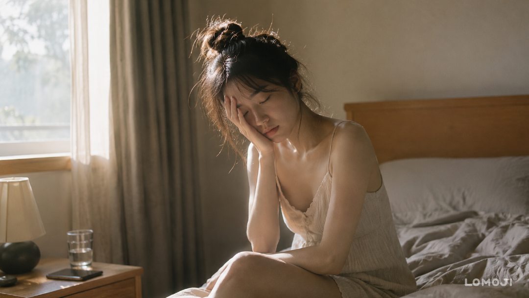 早上起床總是昏沉疲憊?女子清晨坐在床邊扶額閉眼,呈現睡眠品質不佳、越睡越累的生活痛點,示意透過漢方調理幫助補足精神與調理體質