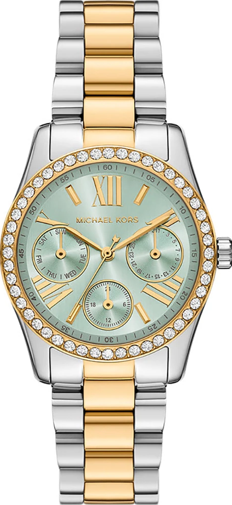 萬年鐘錶 - Michael Kors /  MK女錶  湖水綠晶鑽三眼不鏽鋼女錶 MK7609 錶徑34MM
