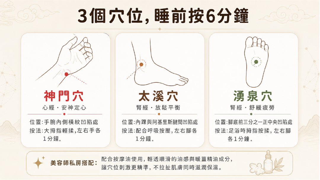 3個睡前助眠穴位圖解教學:手腕神門穴安神定心、腳踝太溪穴放鬆平衡與腳底湧泉穴舒緩疲勞,示範左右各按1分鐘的睡前6分鐘保養法