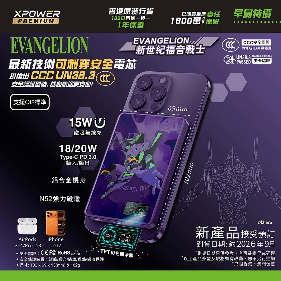 (早買限定優惠)XPower x EVA 新世紀福音戰士最新技術可刺穿安全電芯 MagDigita² 第3代 彩屏顯示 鋁合金 10000mAh PD3.0+QI2 磁吸移動電源 MDT2