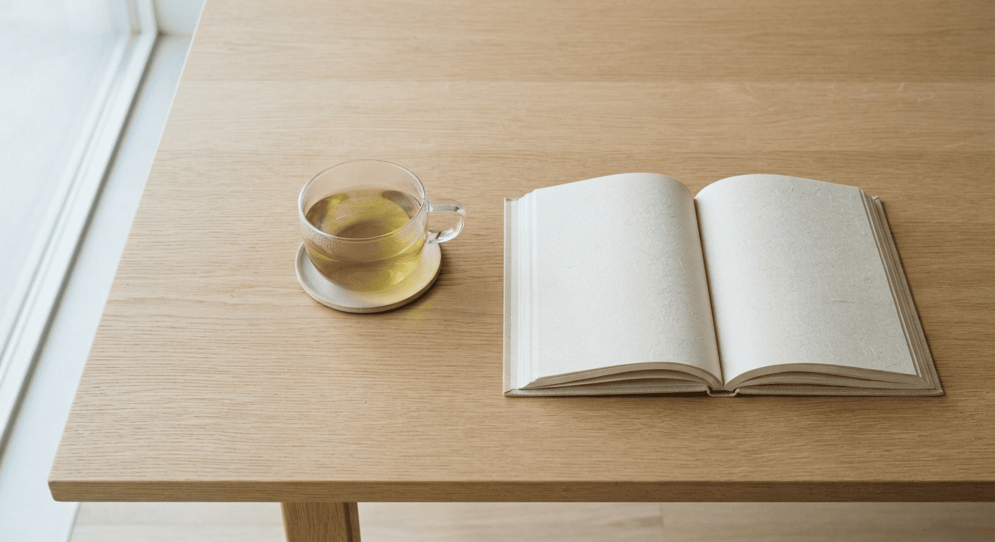 桌面上一杯清澈的綠茶與一本書,陽光灑落,呈現放鬆健康的午茶時光。