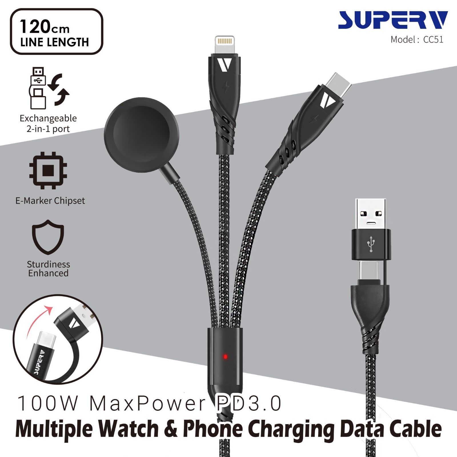 DG008 SuperV CC51 5 合 1 100W USB/TYPE-C 轉 TYPE-C/LIGHTNING/Watch磁吸 1.2M 線 黑色