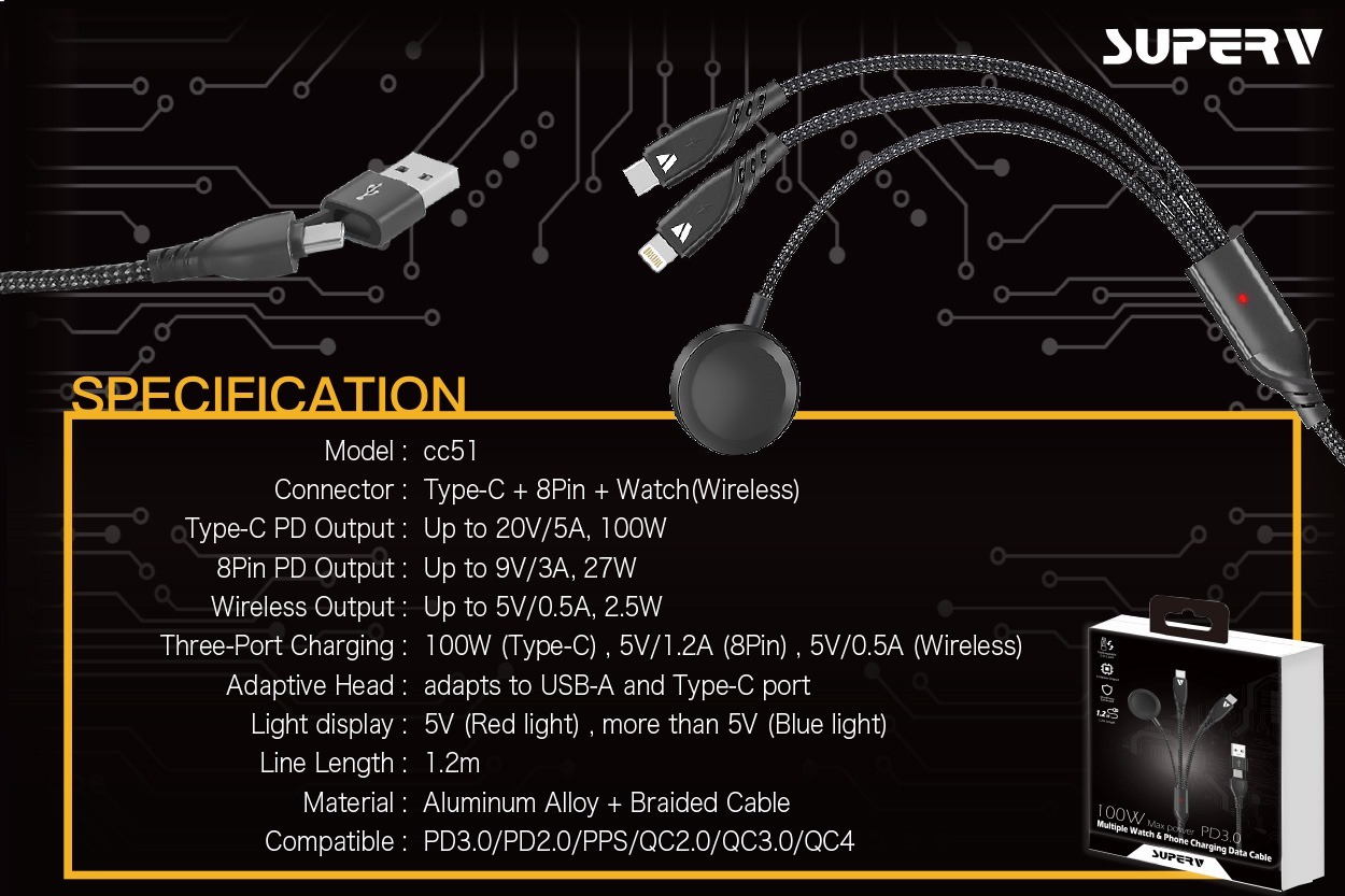 DG008 SuperV CC51 5 合 1 100W USB/TYPE-C 轉 TYPE-C/LIGHTNING/Watch磁吸 1.2M 線 黑色